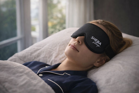 Person tar powernap med SHEBA sleep sovemaske – energi og hvile på 20 minutter